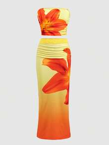 SHEIN 少女春夏修身休闲扎染印花露脐上衣和紧身半裙套装，热带百合海滩度假抹胸上衣和长裙套装 - 黃色 - 查看 2