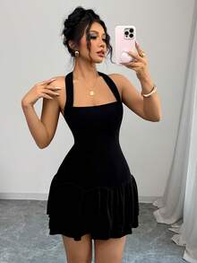 Femesol Đầm ngắn nữ phối màu, cổ yếm buộc dây, kiểu patchwork, eo chun, xếp ly, phong cách tối giản thanh lịch, gợi cảm, thích hợp cho lễ hội âm nhạc mùa xuân/hè. - màu đen - Xem 7