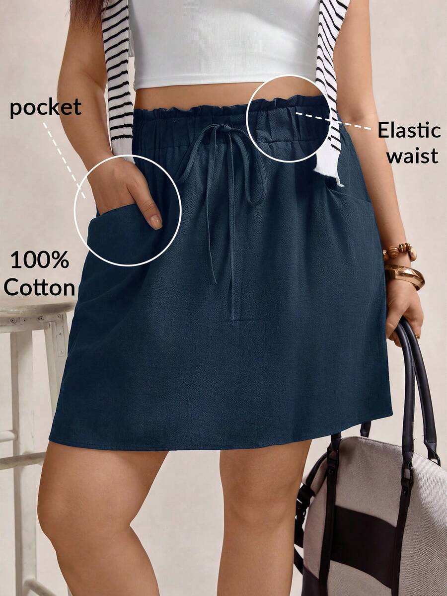 Zelara Váy nữ cỡ lớn cạp chun, viền bèo nhún, có túi - Màu xanh hải quân - Xem 1