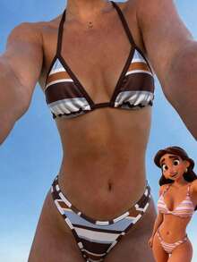 Swim Mod Swim Vcay Elegant Women's 2026 Multi-Color Polka Dot Beach Swimwear, Fresh Color Block Animal Print, Ultra-Soft Sculpt Stretch Ribbed Knit Halter Triangle Bikini Ultra-Soft Sculpt Stretch Ribbed Knit Halter Triangle Bikini Set, Collection Adjustable Self-Tie Halter Neck Bikini Top With Removable Padding, Y2K Aesthetic High Leg Cheeky Bikini Bottoms With Color Block Striped Pattern, - Multicolor - View 4