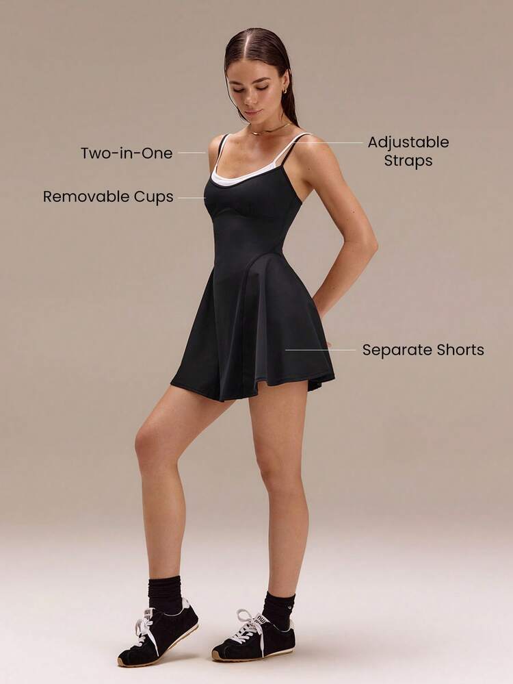 Confident Steps Mock 2-Piece Adjustable Shoulder Straps Removable Cups Flared Skirt Mini Dress With Separate Shorts Side Pockets Holiday Vacation Summer Daily Casual Wear