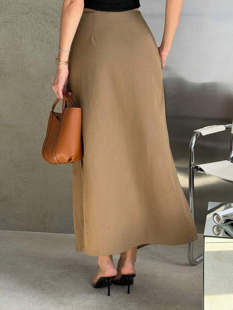Women's Solid Color Loose Pleated Belted Slit Casual Vacation Long Skirt, Summer