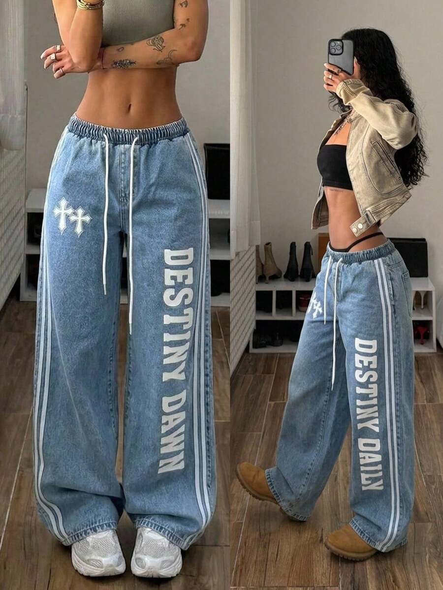 StreetHx Women's Fashionable Casual Sporty Printed Wide Leg Straight Jeans - Light Wash - View 1