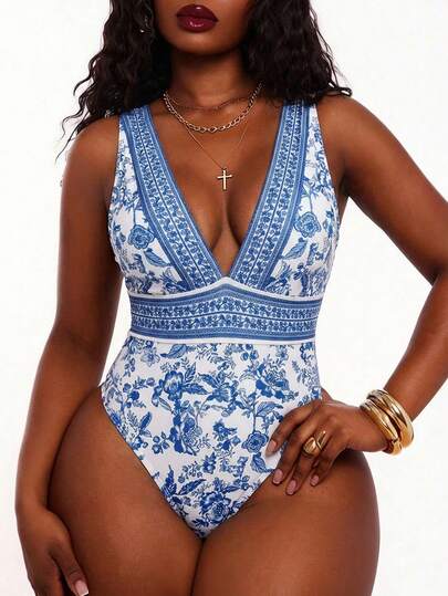 Radiana Plus Size Women's Sexy V-Neck Backless Bodysuit With Chinoiserie Floral Print, Spring/Summer,Daily Wear,Music Festival,Versatile,Beachwear,Tropical,African Print,Caribbean,Havana Nights,Jamaica,Coachella,BOHO,Bohemian,Outing,Resort,Beach Vacation,Holiday,Seaside,Western Wear,Concert,Carnival Party,Richly Layered,Date Night,Ibiza,Nashville,Break,Modest,Chic,Club,Cute,Casul,Shopping, Streetwear,Going Out,Coquette,Easy To Match&Looks Slim,Accent Your Body,Flatter The Figure