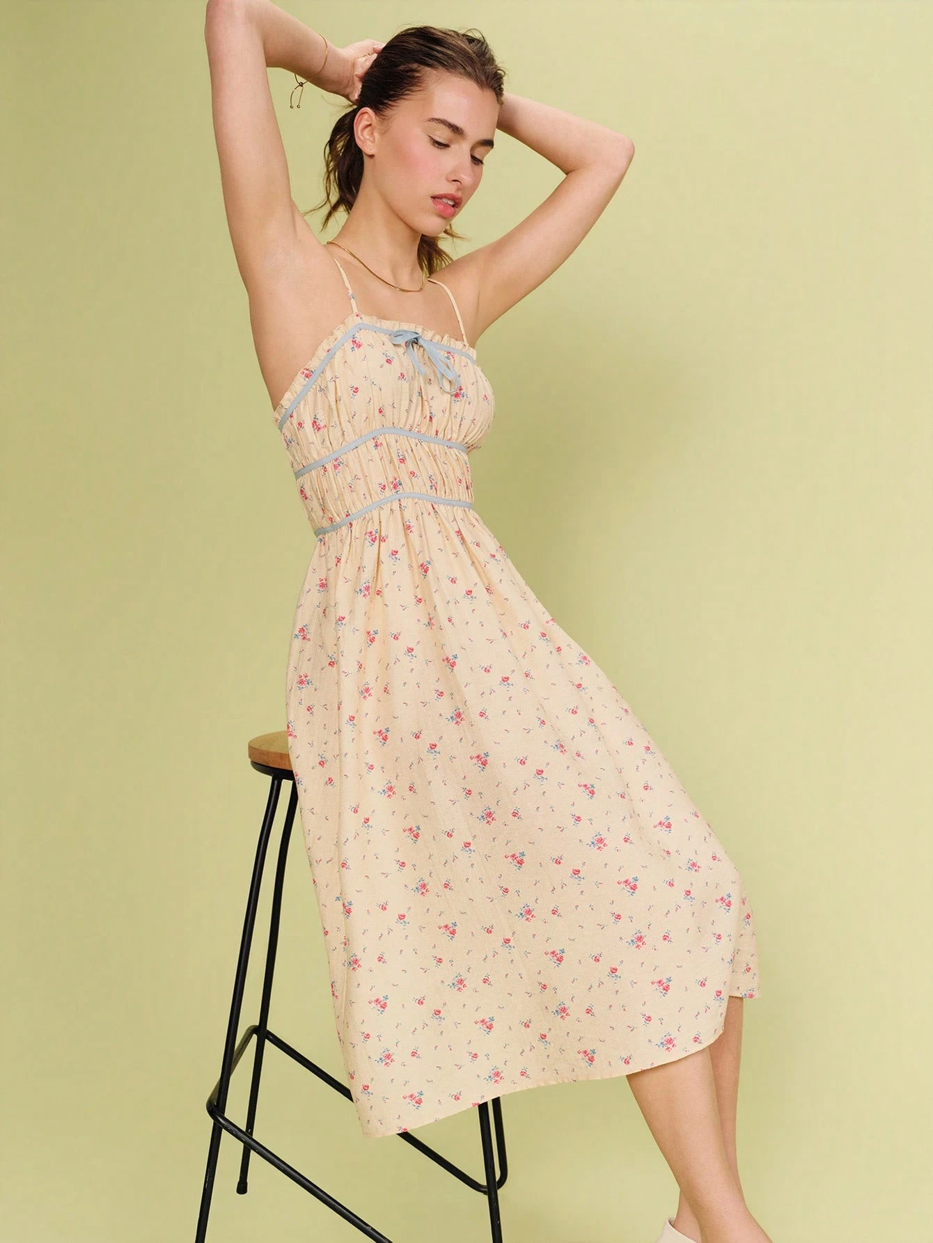 Yellow Floral Woven Midi Dress With Self Fabric Straps And Mini Ruffle Finish, Spring Summer Outings Floral Dress Summer Dress Vacation Dress