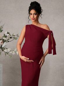 Momance 优雅孕妇连衣裙，提花面料，适合情人节、夏季、春季、婚礼派对等场合 - 酒紅色 - 查看 5