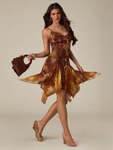 SHEIN BAE 女士豹纹和花卉印花不对称下摆吊带连衣裙 - 彩色 - 查看 4