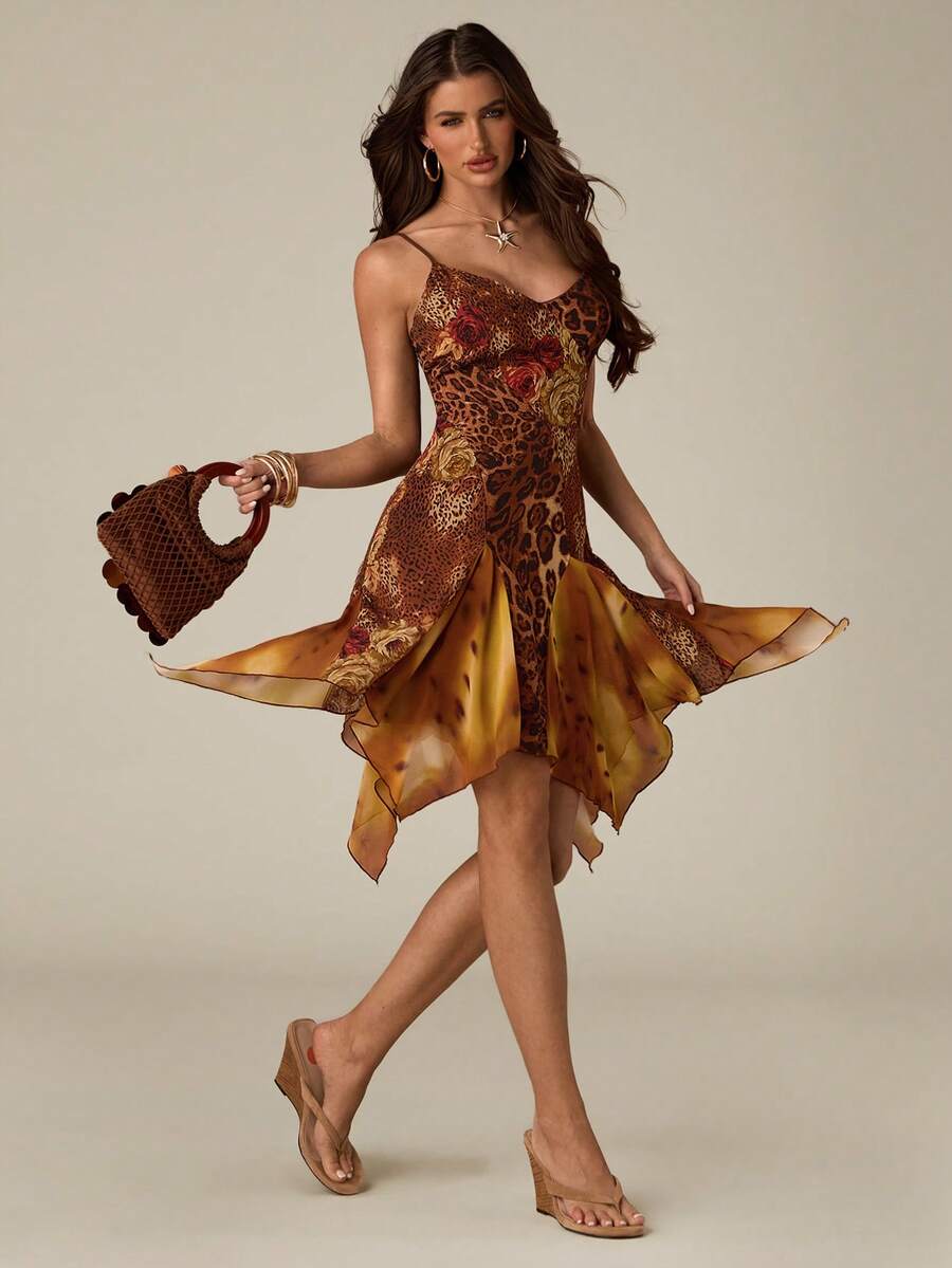 SHEIN BAE Đầm hai dây nữ họa tiết da báo và hoa, vạt bất đối xứng - Nhiều màu - Xem 1