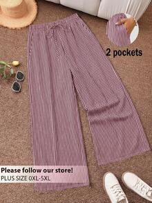 [Free Shipping]Plus Size Striped Heart Print Straight Leg Pants Women's Summer Pants Cute Pants For Woman Pants For Women Casual Wide Leg Pants Woman High Waist Women Pants - 中紫紅色 - 查看 3