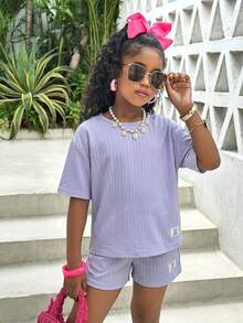 SHEIN Bộ đồ 2 mảnh cho bé gái tuổi teen: Áo cổ tròn kẻ sọc, vai rớt và quần short thắt eo, kiểu dáng thường ngày. - Màu tím - Xem 1