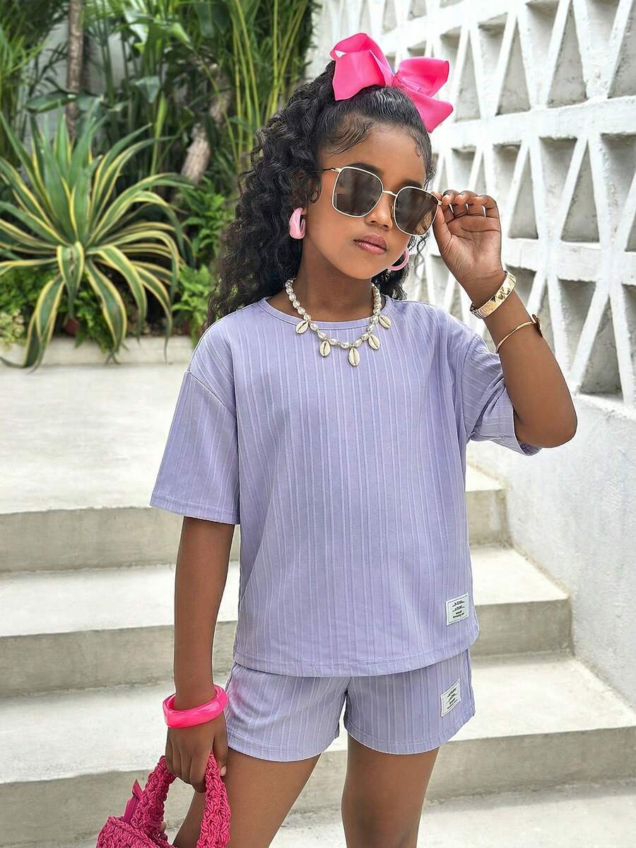 SHEIN Bộ đồ 2 mảnh cho bé gái tuổi teen: Áo cổ tròn kẻ sọc, vai rớt và quần short thắt eo, kiểu dáng thường ngày. - Màu tím - Xem 1