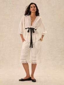 Easelle Áo kiểu lãng mạn cổ chữ V, thắt eo, phối ren Bohemian cổ điển dành cho nữ. - trắng - Xem 8