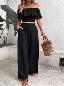SHEIN Women's Casual Vacation & Commute Solid Color Ruffle Off Shoulder Shirred Crop Top & Wide Leg Pants 2-Piece Set, Spring/Summer - Black - View 6
