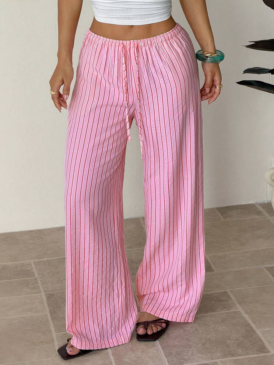 SHEIN PETITE Women's Summer Vacation Pink Striped Print Drawstring Waist Long Pants - Pink - View 1