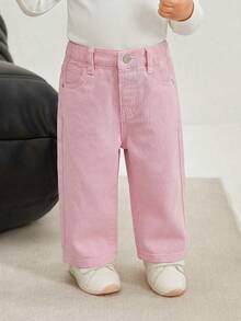 SHEIN Quần jeans ống đứng dáng suông, túi xéo, thường ngày cho bé gái. - Hồng - Xem 4