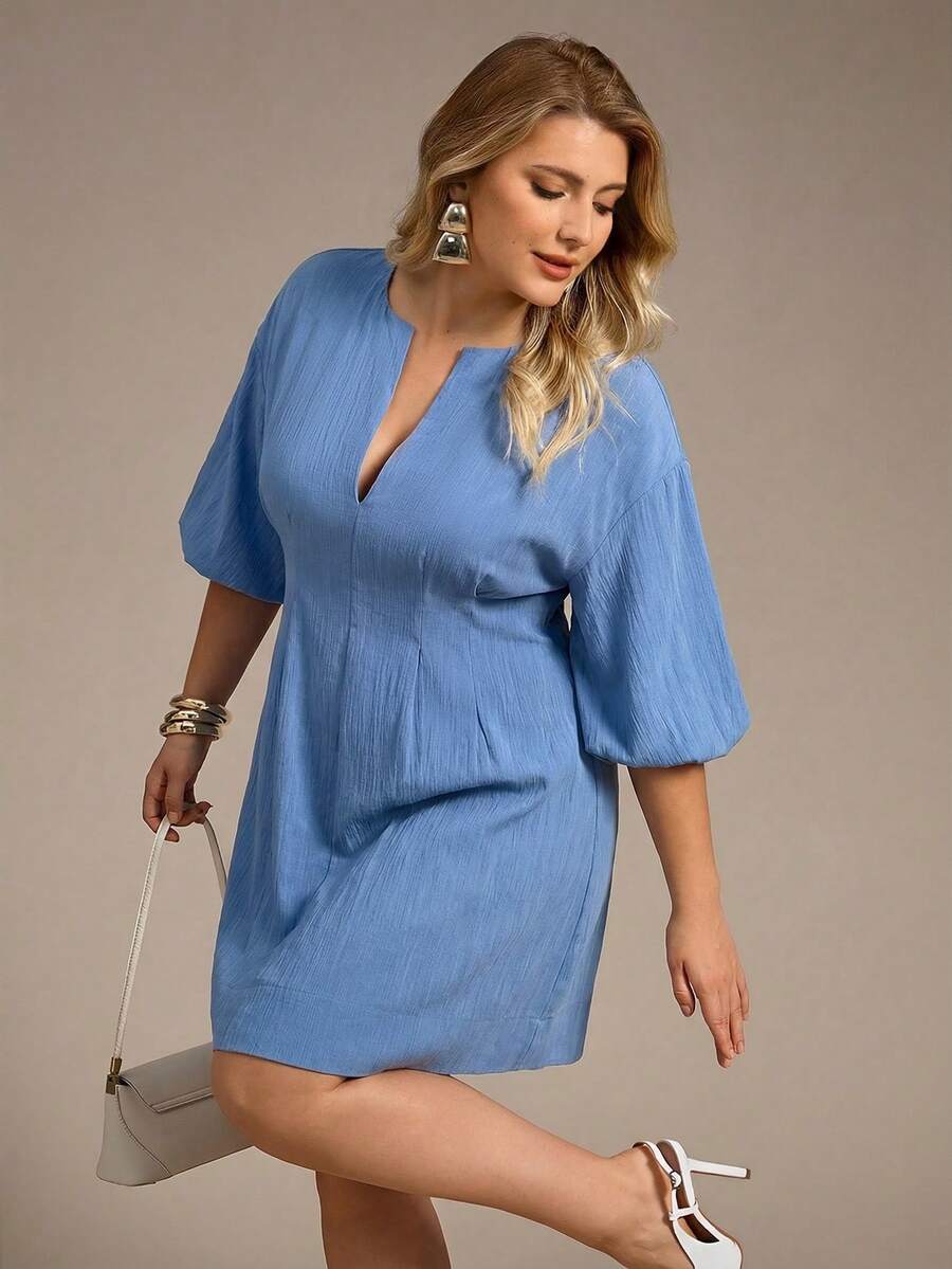 Auralis 大码女式白色连衣裙，中袖连衣裙，度假装扮，女士休闲连衣裙，女士端庄连衣裙，女士迷你裙，外出连衣裙，可爱连衣裙/蓝色圆领V领修身泡泡袖大码连衣裙/A字裙/优雅通勤办公装/性感风格/高端宴会装，大码休闲连衣裙，大码连衣裙，大码女装，野餐连衣裙，大码休闲通勤连衣裙 - 杏色 - 查看 1