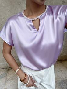 SHEIN Elegant Smart Casual Women's Light Purple Blouse, Summer Office Satin Top With Pearl-Embellished Buttons, Round Neck, Small V-Neck, Center Slit - Purple - View 6