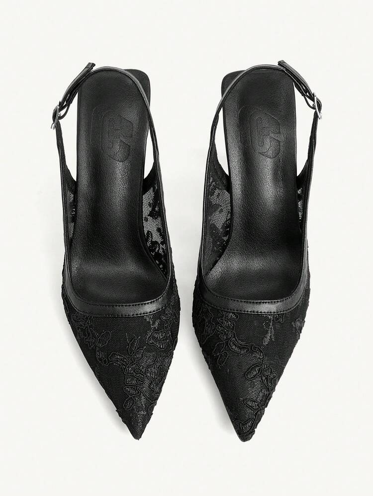 CUCCOO CHICEST Women's Black Mesh Lace Bridal Pointed-Toe Slingback Heels - Elegant Casual Resort Wedding Pumps