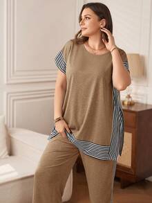 EMERY ROSE Plus Size Striped Patchwork T-Shirt + Pants, Grey 2 Pieces Set - Camel - View 3