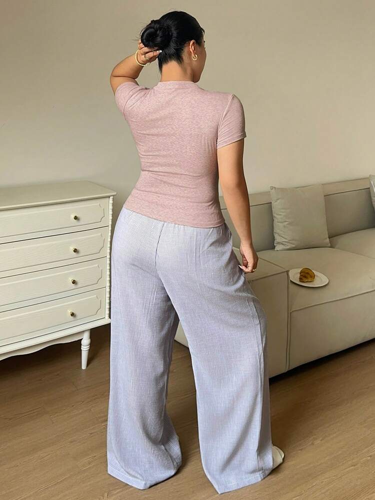 Dazy Plus Minimalist Fitted Top And Loose Pajama Pants Set, Plus Size Women Spring/Summer Soft Purple Loungewear