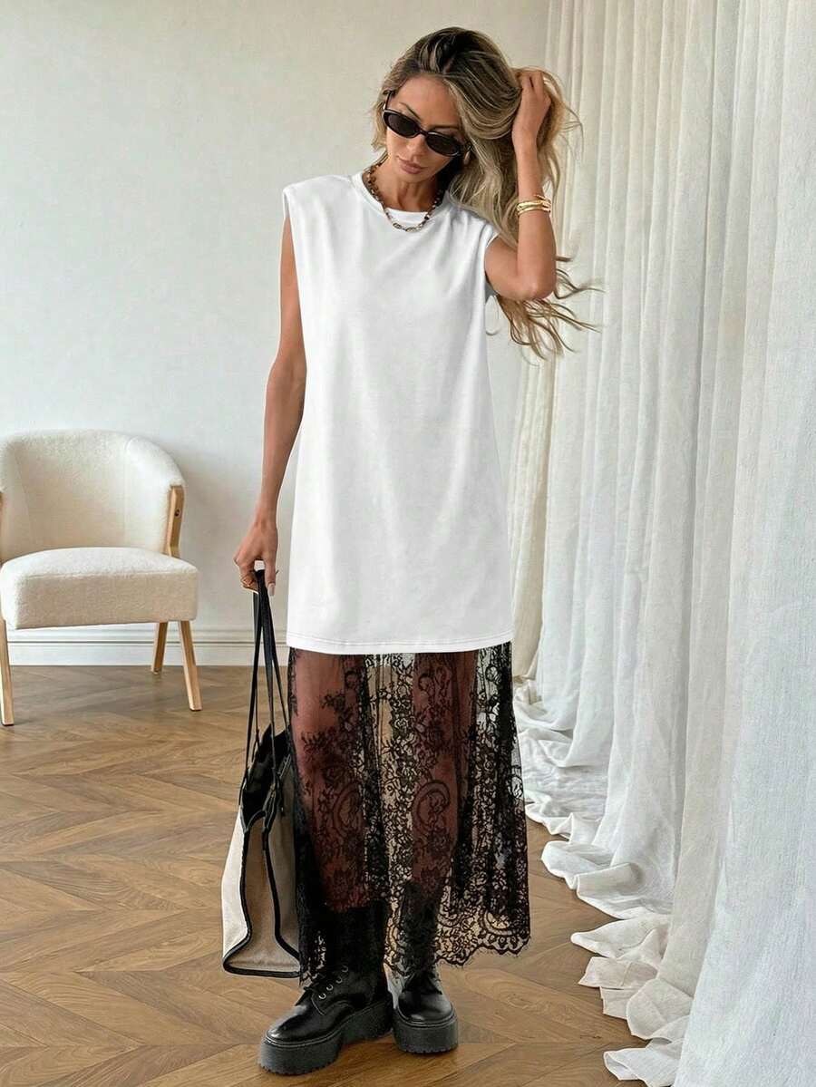 SHEIN LUNE Đầm maxi nữ màu trơn không tay phối ren, thích hợp mặc hàng ngày, đi làm, thời trang đa năng, mùa xuân và mùa hè. Chiếc đầm này phù hợp cho kỳ nghỉ xuân, mặc mùa hè, với nhiều kiểu dáng như đầm maxi thường ngày, đầm đi chơi, đầm hè, v.v. Màu đen phù hợp để mặc hàng ngày, đi làm, mặc mùa hè và hơn thế nữa. - Nhiều màu - Xem 1