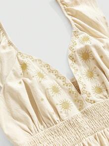 ROMWE Spring / Summer Fairycore Embroidered Sun & Leaf Cap Sleeve Dress, Elegant Vintage Plus Size Women Dress, Vacation - Beige - View 10