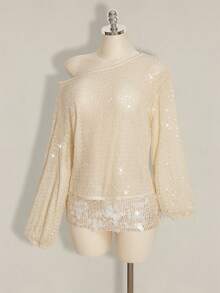 SHEIN ICON Y2K 女士沙滩度假外出 Coachella 俱乐部沙滩装串珠宽松镂空长袖衬衫，夏季 - 杏色 - 查看 3