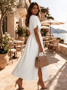 Breezaya 女士度假风花卉镂空蕾丝边V领短袖喇叭下摆假日约会沙滩连衣裙 - 白色 - 查看 3