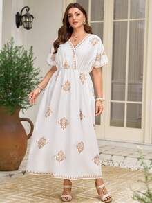 Rosumi Women's Plus Size Brown Embroidered Bohemian Dress V-Neck Dolman Sleeve Maxi Length VacationResorts Gym Summer - White - View 2