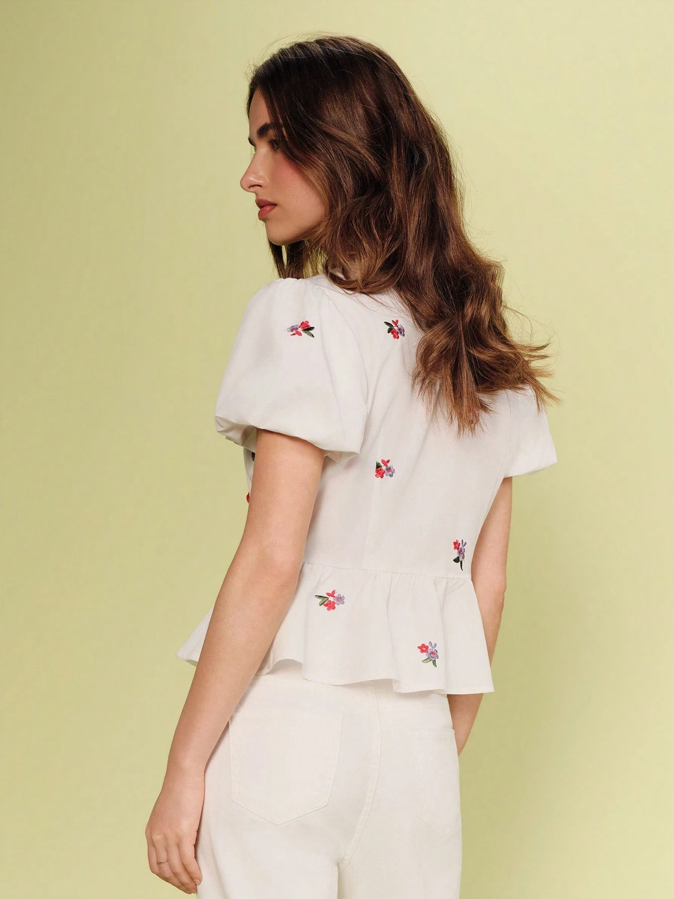 White Floral Loose Fit Floral Embroidered Blouse With Peplum Shape, Bow Tie Details Cute Summer Top Casual Holiday Top French Style Top