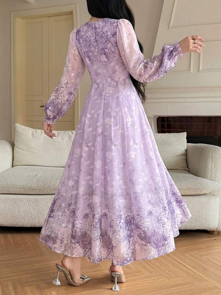 Women's Elegant Floral Petal Sleeve V-Neck Mid-Length Dress, Spring/Summer