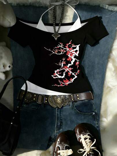 Glimmora Plum Blossom Pattern,Chinese Style Top,Graphic Top,Tie-Up T-Shirt,2 In 1 Top,Summer Clothes,Women Outfits,Women Top,Casual Tank Top,Trending Now, Fashion Tops,Streetwear Tops,Streetwear Women,Y2k Tops,Y2k Clothes,Vintage Top,