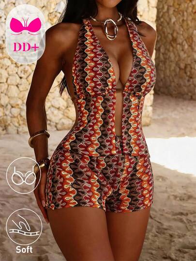 Swim DD+ 波西米亚风女士深咖啡色渐变波浪针织三件套比基尼，橙棕黄渐变波浪彩色复古风度假宽松文胸露脐上衣和阔腿短裤，舒适三角裤，多功能软杯细肩带露背修身性感时尚沙滩、水上、音乐节派对