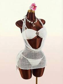 Amplova 3pcs Women's Sexy Halter Bikini Set With Cover Up, Revealing Front Backless Mini Dress Suit, Suitable For Summer - Apricot - View 4