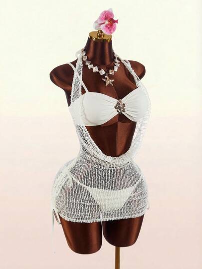 Amplova 3-częściowy damski seksowny komplet bikini typu halter z narzutką, odsłaniający przód i plecy, mini sukienka, odpowiedni na lato