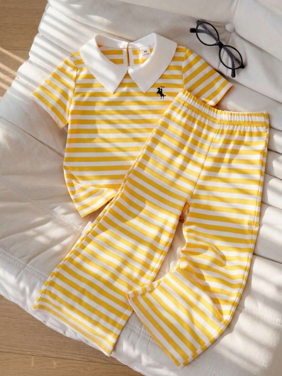 SHEIN Casuvi Kids 2 pièces/Set Toddler Filles Rayé Manches Courtes Polo Col T-Shirt + Large Jambe Tricot Pantalon Set, Style Américain Décontracté Rétro, Convient pour le Printemps/Été Tenue Quotidienne - Jaune citron - Voir 1