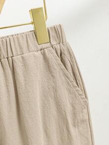 SHEIN Little Byeori 2件套 青少年男童宽松休闲立领梭织纯色短袖衬衫和裤子 - 駝色 - 查看 7