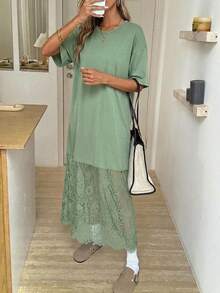 Easowa Camiseta casual holgada de cuello redondo y unicolor, vestido de encaje, conjunto de moda para salir y para ir al trabajo - Verde - Ver 3