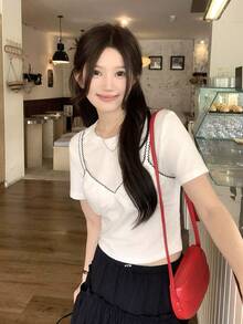 DAZY Áo thun nữ cổ tròn 2 trong 1 viền bèo nhún, kiểu Hàn Quốc - trắng - Xem 9