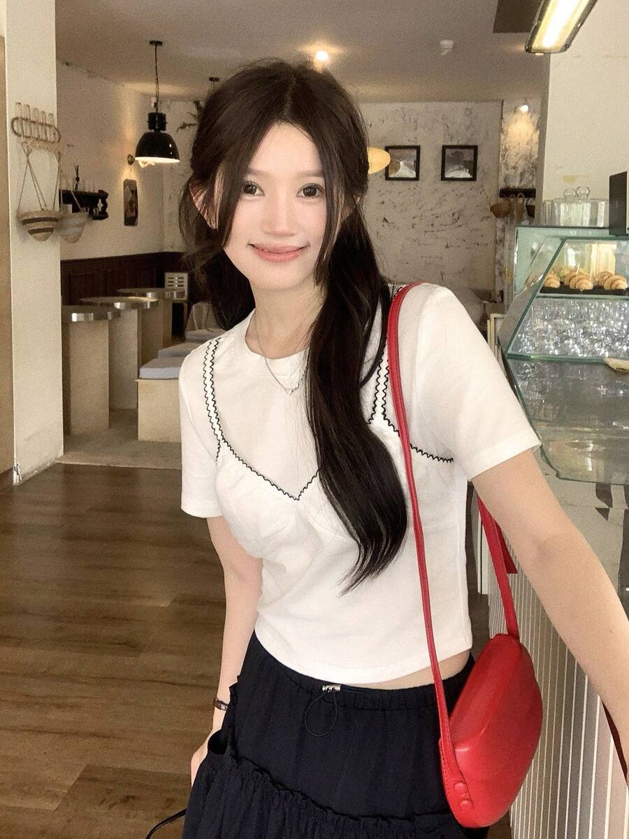 DAZY Áo thun nữ cổ tròn 2 trong 1 viền bèo nhún, kiểu Hàn Quốc - trắng - Xem 1