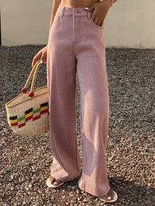 DAZY Trang phục đi nghỉ hè: Quần jeans nữ cạp cao, dáng ôm, kẻ sọc màu hồng. - Hồng - Xem 1