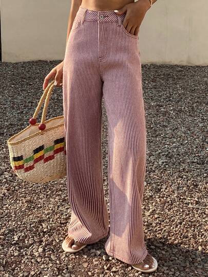 DAZY 女士休闲条纹口袋拉链阔腿牛仔裤，适合户外旅行