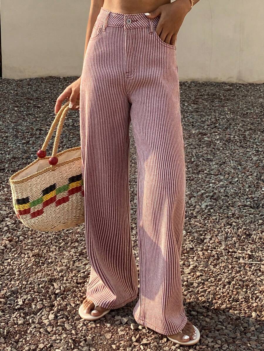 DAZY Trang phục đi nghỉ hè: Quần jeans nữ cạp cao, dáng ôm, kẻ sọc màu hồng. - Hồng - Xem 1