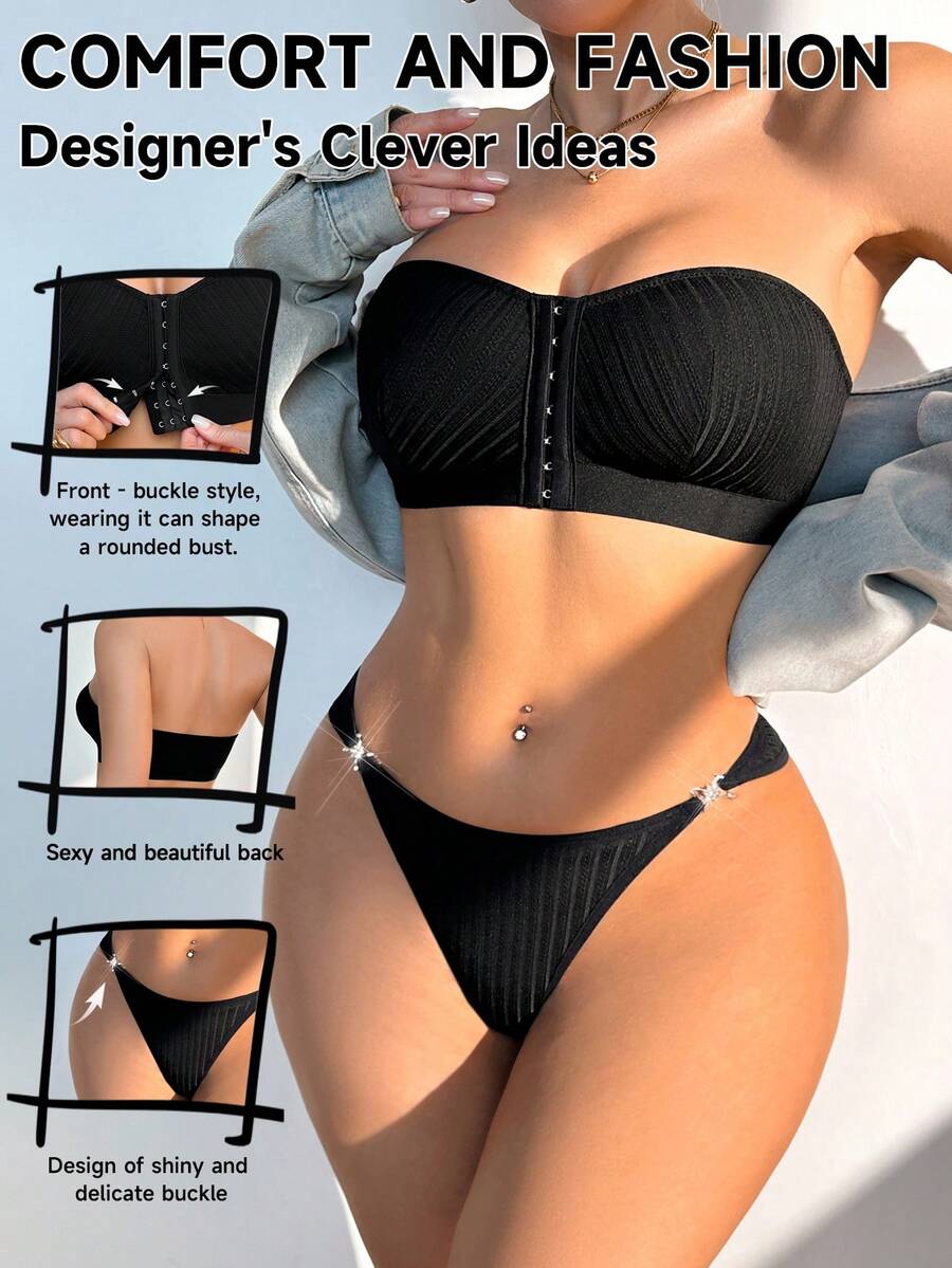 Set de 2 piezas de lencería romántica sin tirantes con cierre delantero - Negro - Ver 1