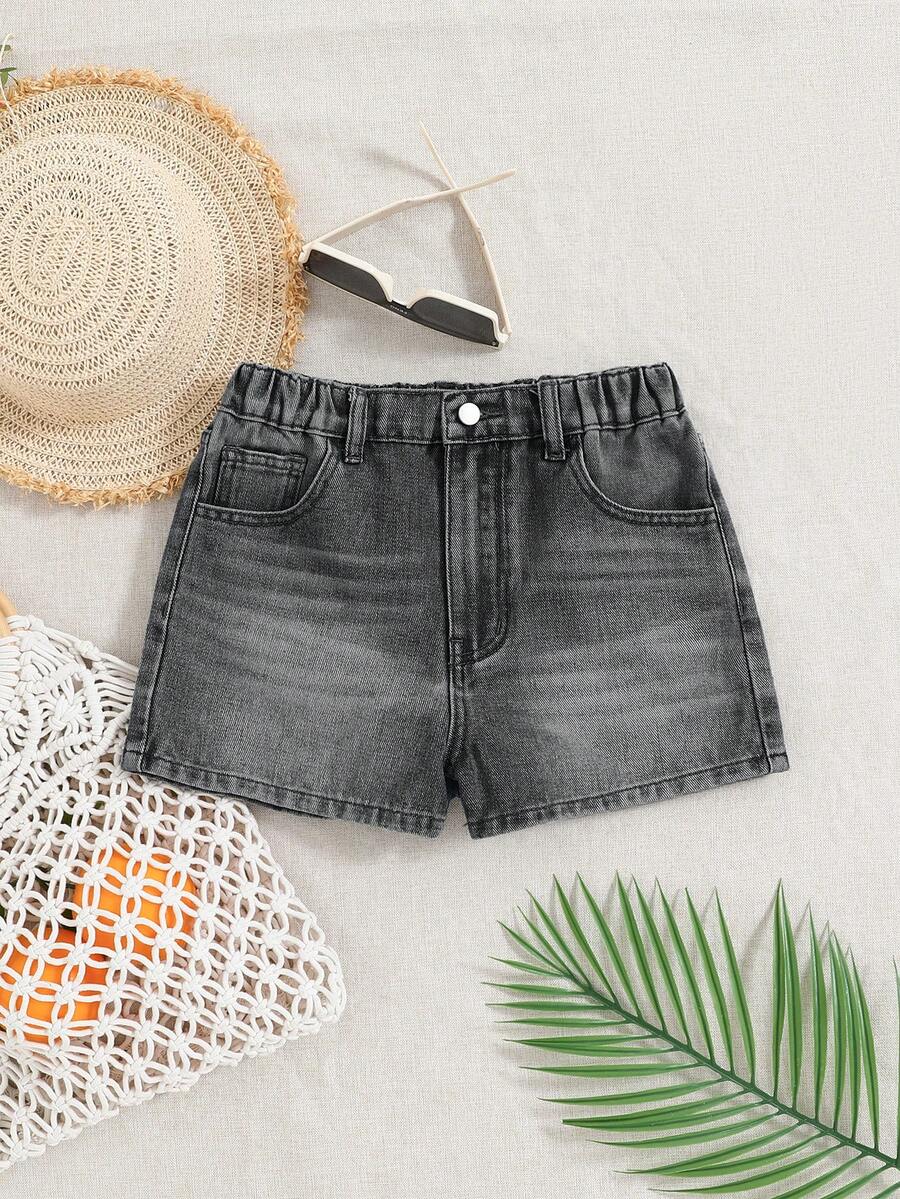 SHEIN Celana Pendek Denim Kasual untuk Remaja Putri, Musim Panas - Dark Grey - View 1