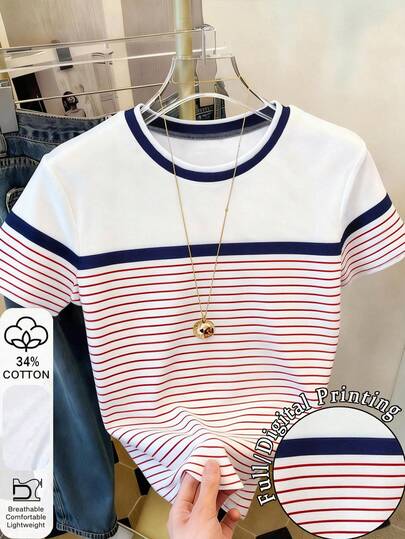 Resyla Women's Casual Colorblock Striped Round Neck Short Sleeve T-Shirt, Summer