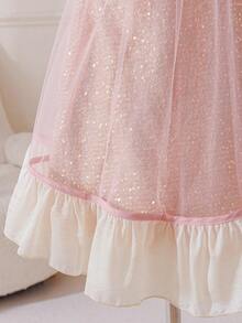 SHEIN Glamorique Kids Đầm dự tiệc sang trọng, thanh lịch, quyến rũ, lấp lánh màu hồng, không tay, cổ tròn, có nơ, dành cho bé gái. - Bụi hồng - Xem 9