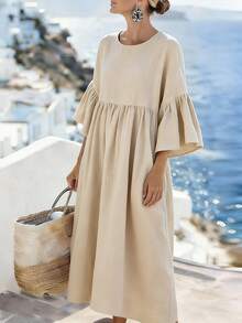 Breezaya Zanzea Women's Summer White Boho Beach Holiday,Holiday V-Neck Bow Sleeveless A-Line Waist Cinched Dress Elegant Casual Party Streetwear - Khaki - View 3
