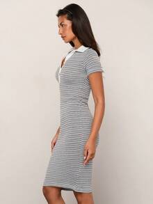 COSMINA Women's Elegant Striped Short Sleeve Shirt Collar Mid-Length Dress, Versatile For Commuting, Office, Outing, Dating, Spring Fitted Bodycon Dress , Women Dress , Polo Dresses For Women , New Arrival Dress For Women Casual , Nautical Dresses For Women - Blue and White - View 6