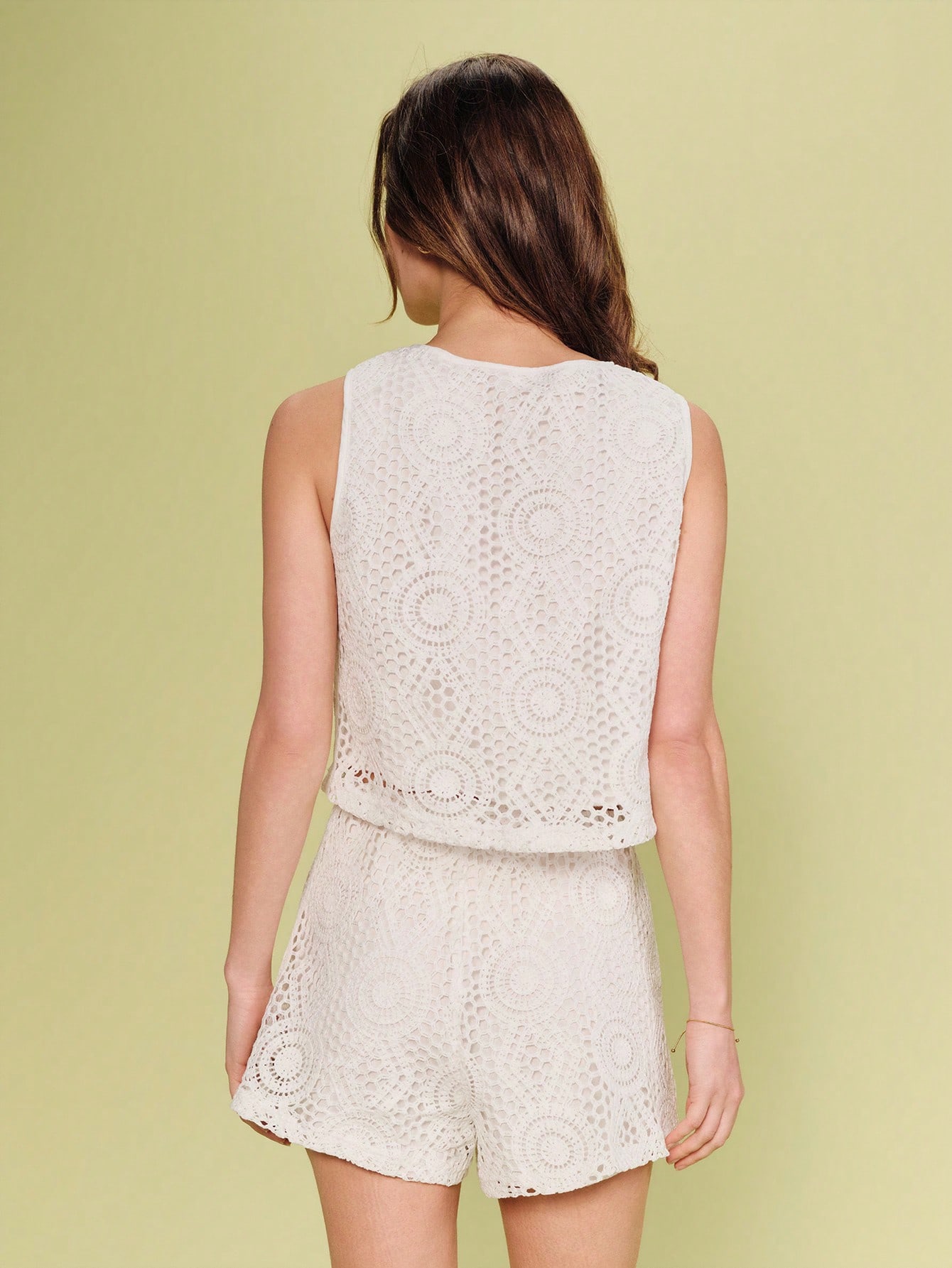 Cream Guipure Cropped Top With Front Button Detail Sleeveless Cut And Delicate Openwork Texture Boho Spring Summer Vacation Top Holiday Top Going Out French Style Parisian Style